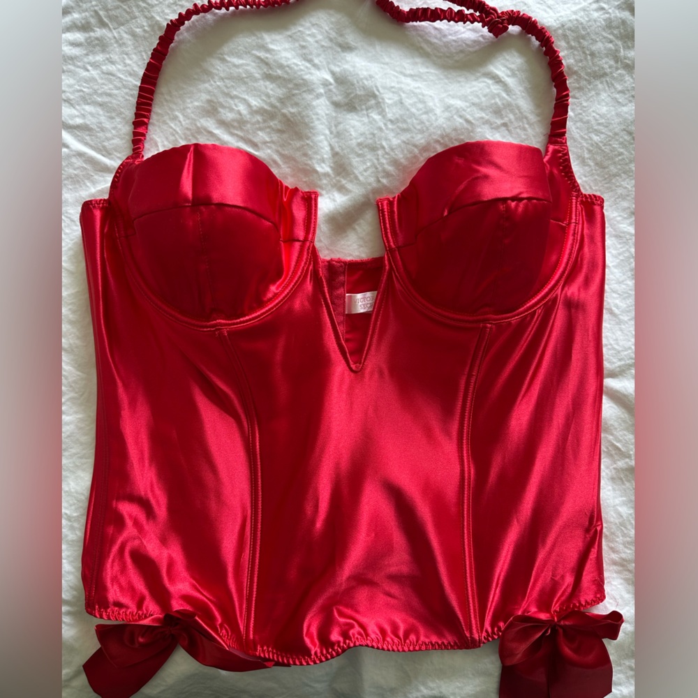 Vintage 2005 Victoria’s Secret Red Satin Corset Halter Bustier Classic Lingerie